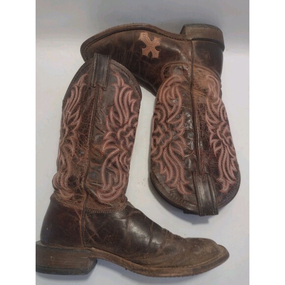 Tony Lama Brown & Pink Western Square Toe Boots Cross Inlay USA Women's Size 6B - Picture 12 of 16